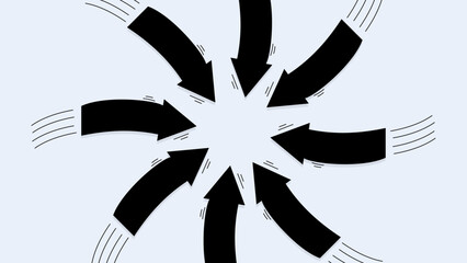 Illustration of multiple black arrows arranged in a circular pattern, all pointing toward the center, on a light blue background