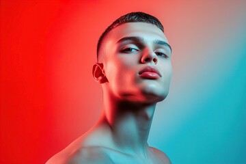 A young male model with a sharp jawline and smooth skin, bathed in contrasting red and blue lighting. Colorful Glow, Dual-Tone Studio Lighting