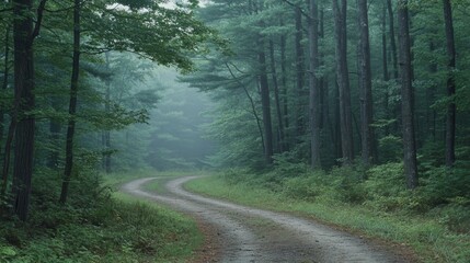 Obraz premium Rainy Forest Road Winding Through Lush Green Woods