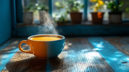 Fototapeta premium Steaming coffee cup on rustic wooden table, sunny window background, cafe setting, perfect for morning mood