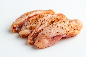 Raw Chicken Wings with Bright Seasoning Evenly Spread on a Plain White Backdrop Captured Under Overhead Lighting in High-Resolution Detail