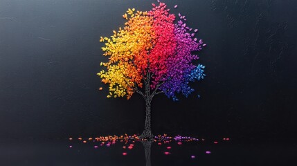 Vibrant Rainbow Tree Art Colorful Leaves on Dark Background Unique Nature Artwork