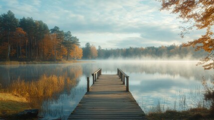 Serene Autumn Lake with Foggy Morning and Wooden Pier
