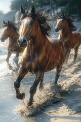 Fototapeta premium Three Brown Horses Run Freely Along a Sandy Beach