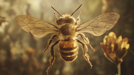 A drawing of a honeybee, done in a detailed engraved style.