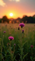 Field of Silybum marianum with milk thistle plants growing among tall grasses and wildflowers, wildflowers, farm, fields at sunset