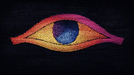Vibrant Rainbow Eye Embroidery on Dark Fabric Textile Art Design