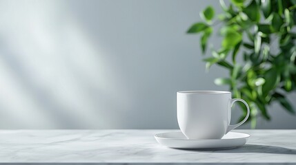 White coffee cup on marble, sunlight, plant
