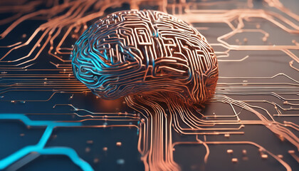 Innovative brain-computer interface technology digital lab 3d render futuristic space close-up view...