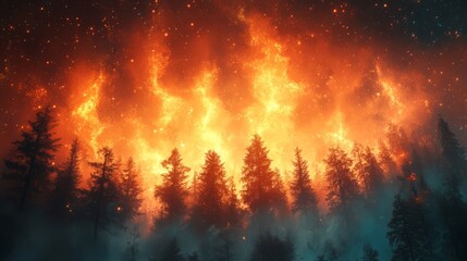 A Fiery Celestial Event Illuminates A Silhouetted Forest At Night.