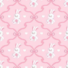 Obraz premium Seamless pattern of cute white bunny with a pink bow and heart on pink pastel background . Perfect for baby products, greeting cards, and fabric.