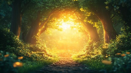 Sunlit Path Through A Magical Forest, Glowing With Ethereal Light And Enchanting Nature.