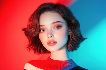 Fototapeta premium A young woman with short wavy hair and striking blue eyes poses against a vibrant red and blue backdrop. Colorful Glow, Dual-Tone Studio Lighting