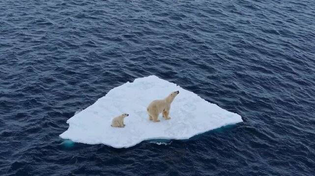 A polar bear and her cub stand together on an ice floe in the ocean.
The mother and cub appear side by side on the floating ice, aerial view
