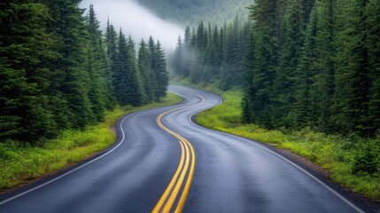 Fototapeta premium Winding Road Through Misty Green Forest
