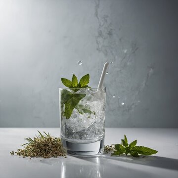 A crystal-clear herbal elixir in a futuristic, matte white glass, designed for high-end wellness and relaxation.
