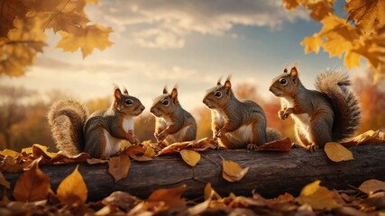 Fototapeta premium Four squirrels interacting on a log surrounded by vibrant autumn leaves under a sunset sky