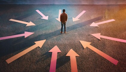 Man stands at a crossroad surrounded by arrows pointing in different directions