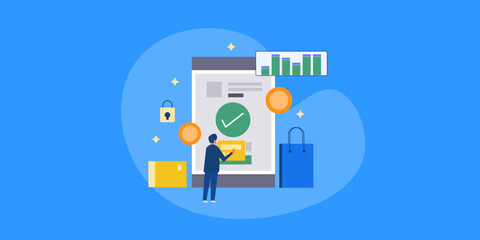 Secure payment via mobile app, online shopping with smartphone banking application, man using fintech solution on screen, business concept. Vector illustration.