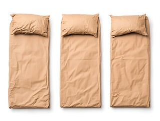 Three neatly arranged tan beds with matching pillows, creating a minimalist and cozy atmosphere suitable for relaxation or sleep.