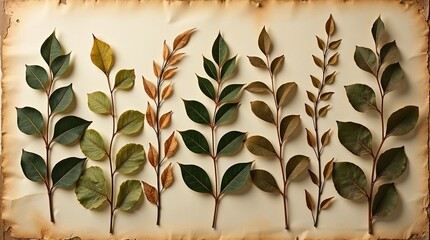 Pressed Leaves in Vintage Botanical Style with Copy Space
