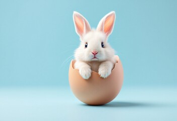 White bunny peeking out of brown egg shell on light blue background. Easter holiday decoration. Cute rabbit design for greeting cards, banners with copy space