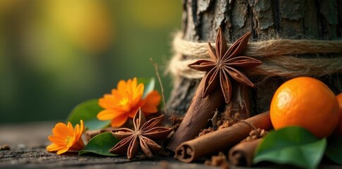Woven star anise and cinnamon sticks wrapped around a tree trunk with orange blossoms, trunk, burlap, tree