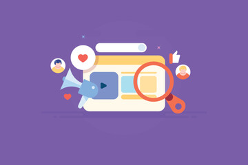Social media promotion, video ad campaign, customer engagement and increase content view, business concept, vector illustration