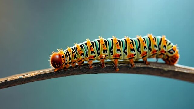 A colorful caterpillar crawling on a branch with a soft blue background.