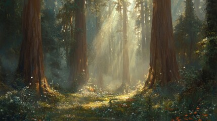 Obraz premium Sunlit Redwood Forest Path