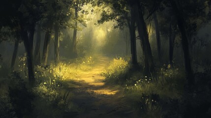 Fototapeta premium Sunlit Forest Path Through Misty Woods