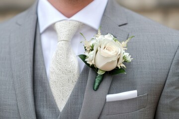 A dapper groom's attire featuring a gray suit, elegant tie, and a white rose boutonniere, perfect for a wedding celebration.