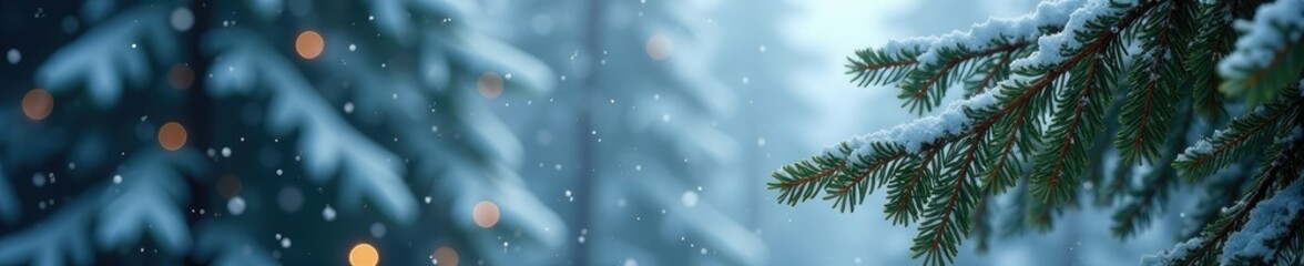 Obraz premium Snowflakes fall onto a fir tree's branches in a winter wonderland, wonderland, snowflakes, tree