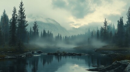 Misty Forest Lake with Mountain View