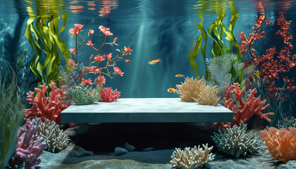 underwater aquatic product display background podium, under water background, beauty, cosmetic advertisement template, nature products, ad, podium platform, product presentation space