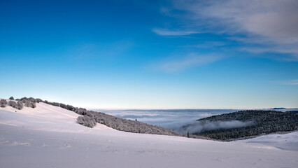 Paysage enneigé de montagne en hiver dans le massif du Vercors dans le département de la Drôme...