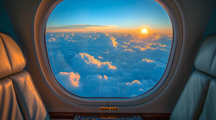 Naklejka premium Airplane Window View Stunning Sunset Cloudscape, Golden Hour Luxury Travel Above Clouds.