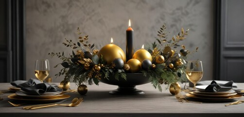 Stylish black and gold table decorations with seasonal foliage accents, foliage, gold