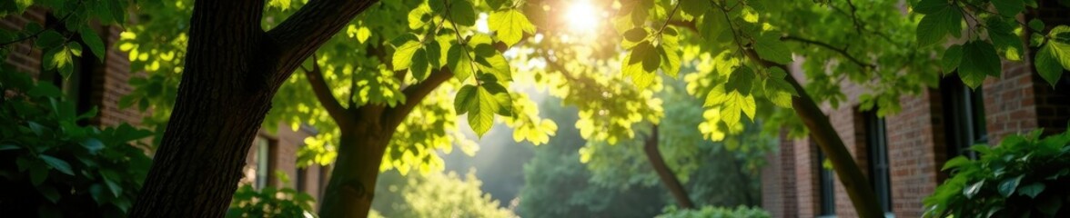 Obraz premium Sunlight filters through giant tree leaves in the courtyard, dappled, light, annapolis