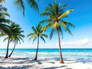 Obraz premium Sunny day at the beach with palm trees and calm ocean waters, sand, tropical, palm trees