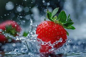 Ripe red strawberry splashing into water creating droplets and crown splash with blurred strawberry in background