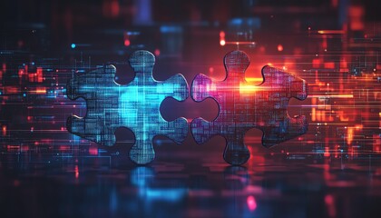 Fototapeta premium Digital AI integration concept with two interlocking puzzle pieces against a futuristic techinspired abstract background