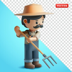 Farmer using garden soil fork, 3d vector. Suitable for plantations, livestock and agriculture
