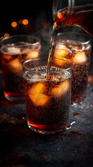 Pouring Dark Brown Cola into Icy Glasses on Dark Background