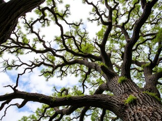 Fototapeta premium Thorny tree branches reach towards the clouds with rugged texture and vibrant green color, botanical, sky, trees