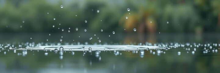 Tiny water droplets suspended in mid-air over a mirror-like lake, optics, lake, floating water droplets