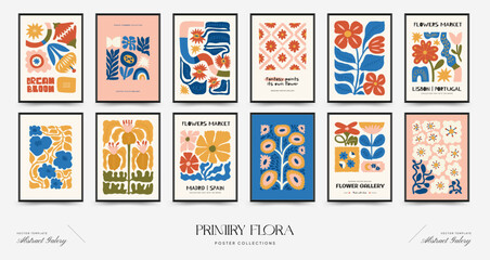 Abstract floral posters template. Modern trendy Matisse minimal style. Pink and blue colors. Hand drawn design for wallpaper, wall decor, print, postcard, cover, template, banner. © KozyPlace