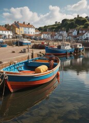 Fototapeta premium Traditional fishing boat in a harbour of Budleigh Salterton with boats docked, fishing boat, harbour, nautical