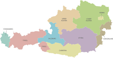 Vector regional map of Austria with federal states or territories and administrative divisions. Editable and clearly labeled layers.