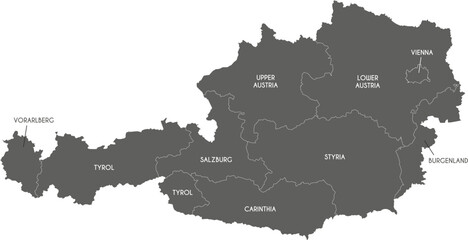 Vector regional map of Austria with federal states and administrative divisions. Editable and clearly labeled layers.